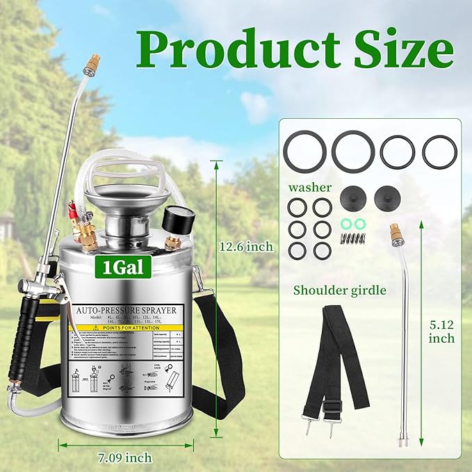 1Gal Stainless Steel Pump Up Sprayer Reinforced Hose, Hand Pump Sprayer with Pressure Gauge&Safety Valve, Adjustable Nozzle Suitable for Gardening (1 Gallon)
