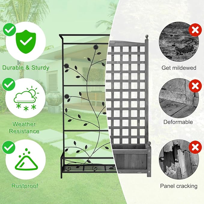 MOTION Metal Planter with Trellis - Raised Bed with Trellis for Vine Climbing Plants Flowers, 74.6 Inch Height Privacy Screen with Hanging Plant Pot Shelf, Black