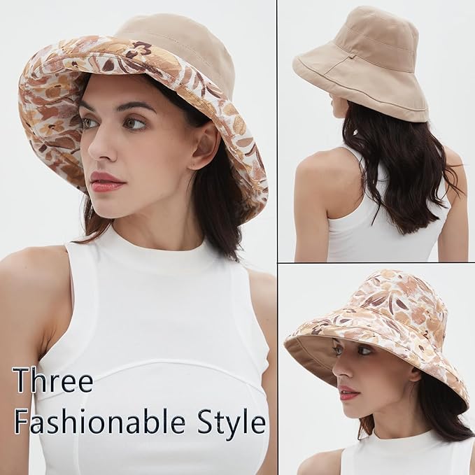 vidsel Womens Sun Hats Wide Brim Reversible Bucket Cotton Hat Packable Summer Travel Cap with Hat Clip,UV Protection