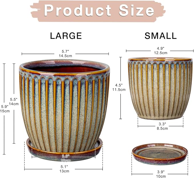 Oairse Ceramic Pots for Indoor Plants, 4.9 +5.7 inch Set of 2 Brown Plant Pots with Drainage Holes and Saucers Texture Ceramic Planters Indoor Outdoor Flower Planters for Succulent