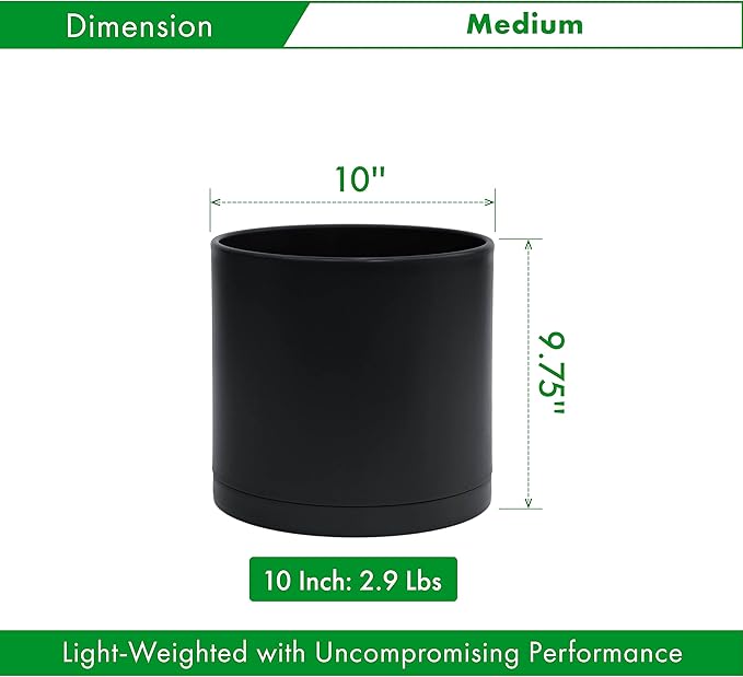 D'vine Dev 10 Inch Plastic Planter Pots for Plant Pot with Drainage Hole and Seamless Saucers, Black Color, 74-X-B-2