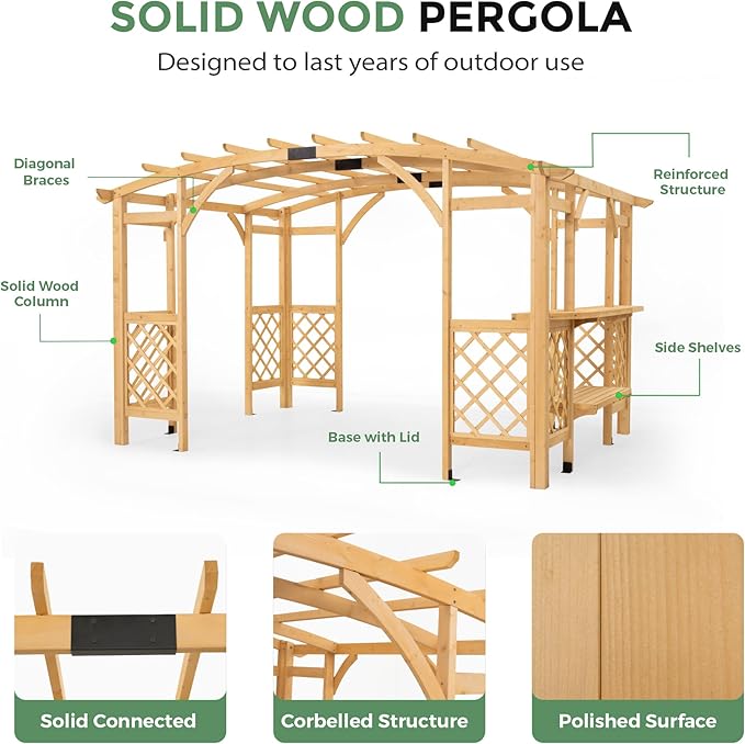 10' x 14' Wood Pergola Outdoor, Patio Pergola Solid Structure with Shelves, Painted Wood Frame with Arched Top for Garden Porch Deck,Brown