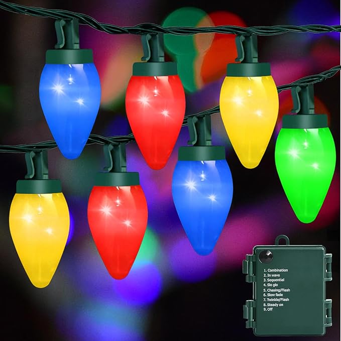 C7 100 LED Battery Operated Christmas Lights,Battery Powered Waterproofing Bulbs,34FT 8 Modes with Auto On/Off Time for Xmas Tree Garden Patio Indoor Outdoor Christmas Decor(Multicolor)