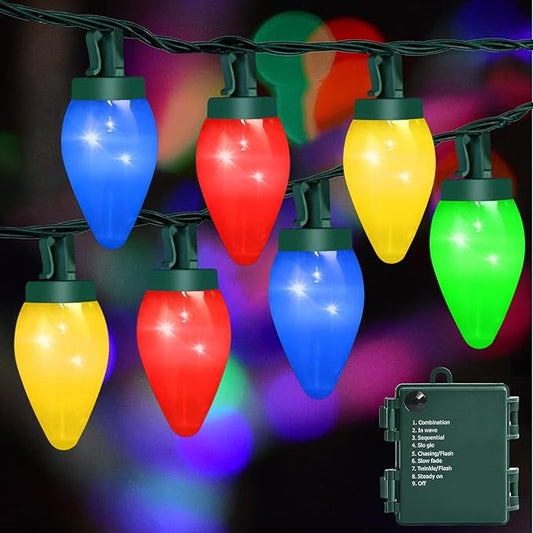 C7 100 LED Battery Operated Christmas Lights,Battery Powered Waterproofing Bulbs,34FT 8 Modes with Auto On/Off Time for Xmas Tree Garden Patio Indoor Outdoor Christmas Decor(Multicolor)
