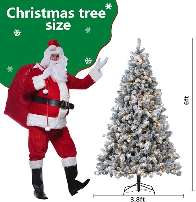 Flocked Christmas Tree, 6 ft Prelit Christmas Tree with Lights, 10 Functions, 250 Lights, Spruce Artificial Christmas Tree Prelit with Realistic Tips & Sturdy Metal Base Easy Assembly