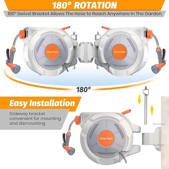 Retractable Garden Hose Reel 5/8 in x 65 Ft, EliteEdge Wall Mounted Garden Hose Reel, with 9 Function Sprayer Nozzle, Any Length Lock, Lock/Automatic Slow Return System, 180° Swivel Bracket