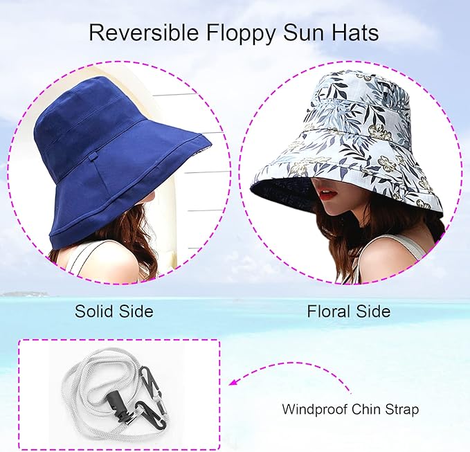 Women Wide Brim Sun Hats Metal Wired Edge Summer UV Protection Beach Fishing Hat for Hiking Garden Travel Chin Strap