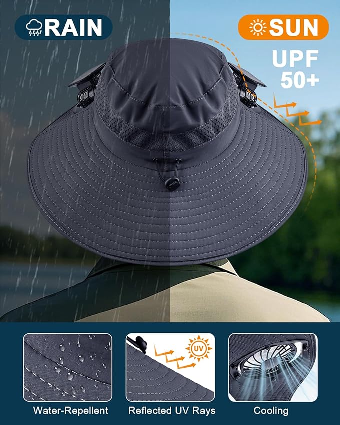 Wide Brim Sun Hat with 2 Solar Fan, Sun Bucket Hat for Men Women, UPF 50+ Bucket Fishing & Beach Hat with Fan