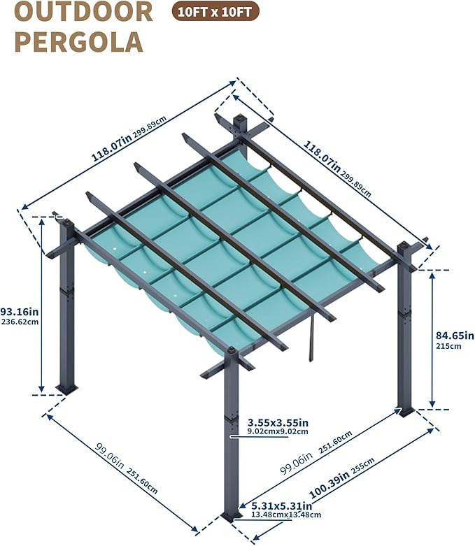 Garvee 10x10 Ft Outdoor Pergola Metal Gazebo with Retractable Canopy for Patio Backyard Deck Porch Grape Trellis(Blue)