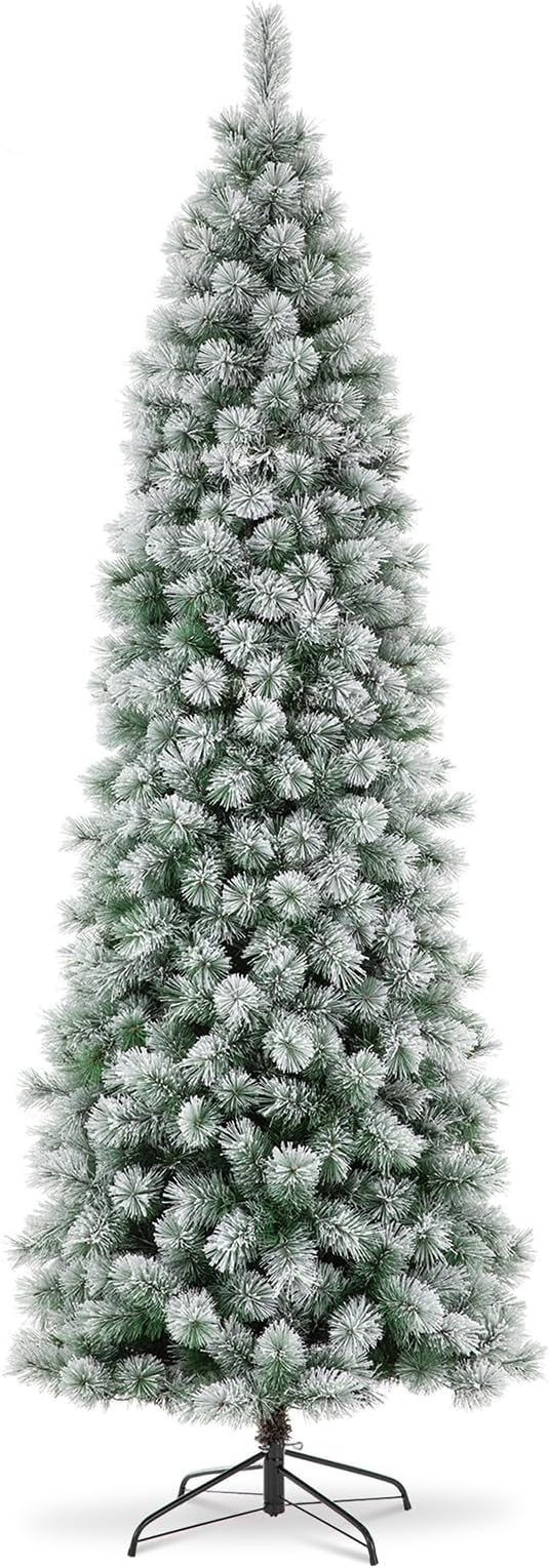 Glitzhome 9ft Pre-Lit Flocked Pencil Pine Artificial Christmas Tree with 500 Warm White Lights and Foldable Metal Stand for Home, Office, Party Decoration, Easy Assembly