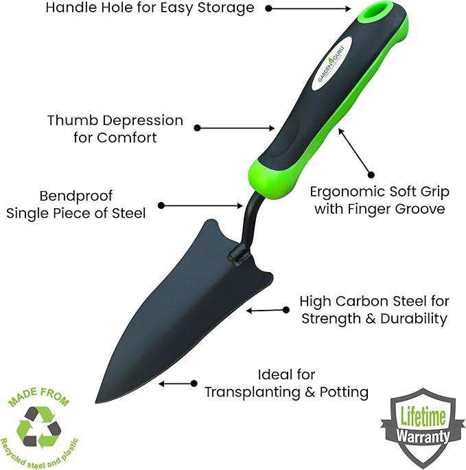 Garden Guru Transplanter Trowel Shovel - High Carbon Steel for Ultimate Strength - Rust Resistant - Ergonomic Grip - Perfect Hand Shovel Tool for Gardening Transplanting & Digging in Garden Beds