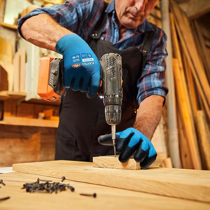 KAYGO Safety Work Gloves PU Coated for Men and Women- KG11PB,12 Pairs,Seamless Knit Glove with Two Fingers Touchscreen,Ideal for General Duty Work (2X-Large,Blue)