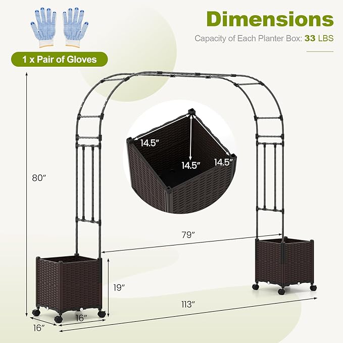 Happygrill 80" Garden Arch Trellis, Metal Archway Pergola with 2 Planter Boxes, Detachable PE-Coated Metal Tubes, Self-Watering System & Lockable Wheels, Outdoor Arbor for Climbing Plants