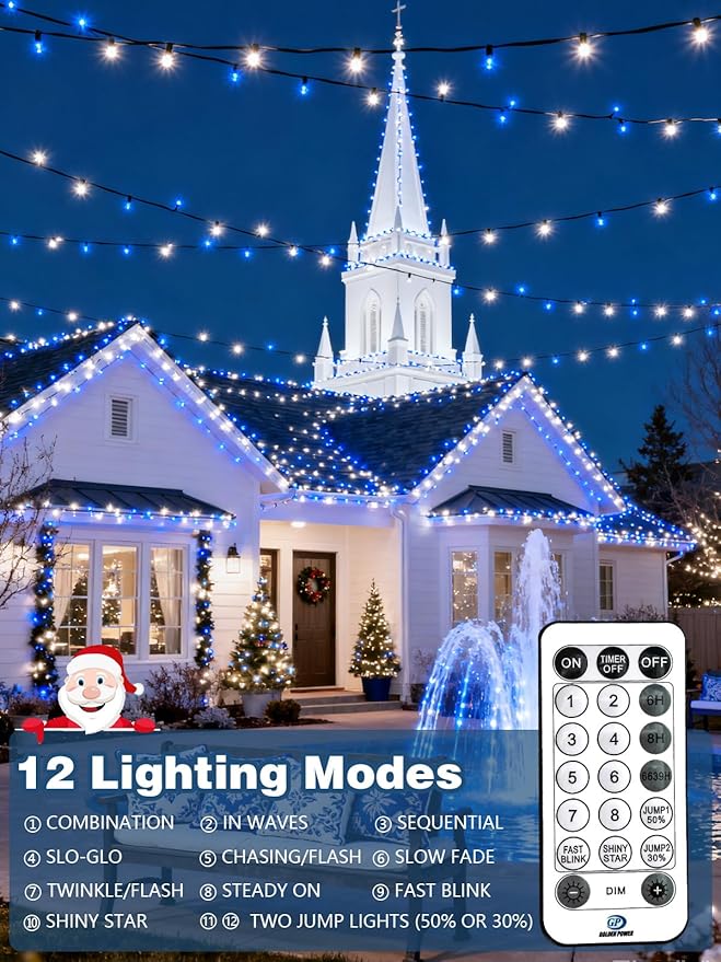 Voice Controlled Christmas Lights with Remote, 99 FT 300 LED String Lights Indoor Outdoor with 12 Modes 3 Timers, Dimmable Twinkle Light Plug in Waterproof for Xmas Tree Party Decor, White and Blue