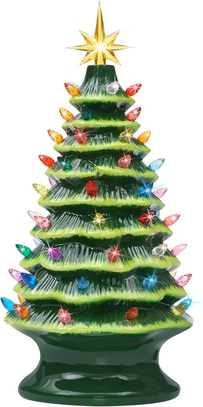 Lakumu 16.5" Table Top Christmas Tree, Hand Painted Resin Christmas Tree with Lights, Pre-lit Xmas Tree Decor Lighted Tabletop Decoration with Multicolored LED Bulbs, Ceramic-Like Finish