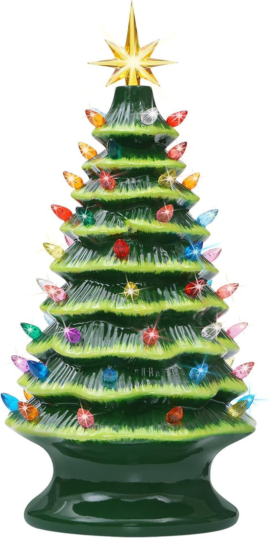Lakumu 16.5" Table Top Christmas Tree, Hand Painted Resin Christmas Tree with Lights, Pre-lit Xmas Tree Decor Lighted Tabletop Decoration with Multicolored LED Bulbs, Ceramic-Like Finish