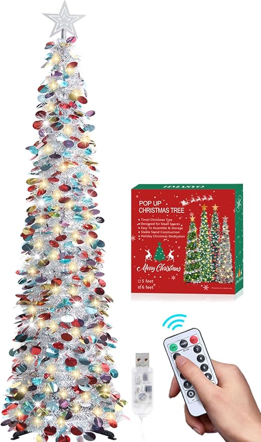 HMASYO 6 FT Pop Up Christmas Tree with 100 LED Lights & Remote, Silver Christmas Tinsel Tree, Collapsible Artificial Pencil Tree for Home Office Party Decor, USB Powered Timer Lights, Easy Assembly