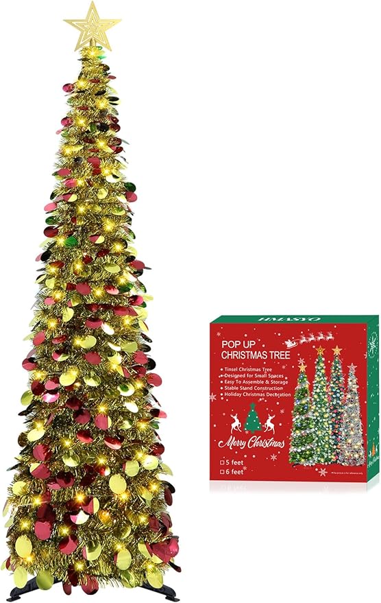 HMASYO 5 FT Pop Up Christmas Tree with Timer Lights, Gold Christmas Tinsel Tree, Collapsible Artificial Pencil Christmas Tree for Indoor Home Apartment Porch Holiday Party Decorations