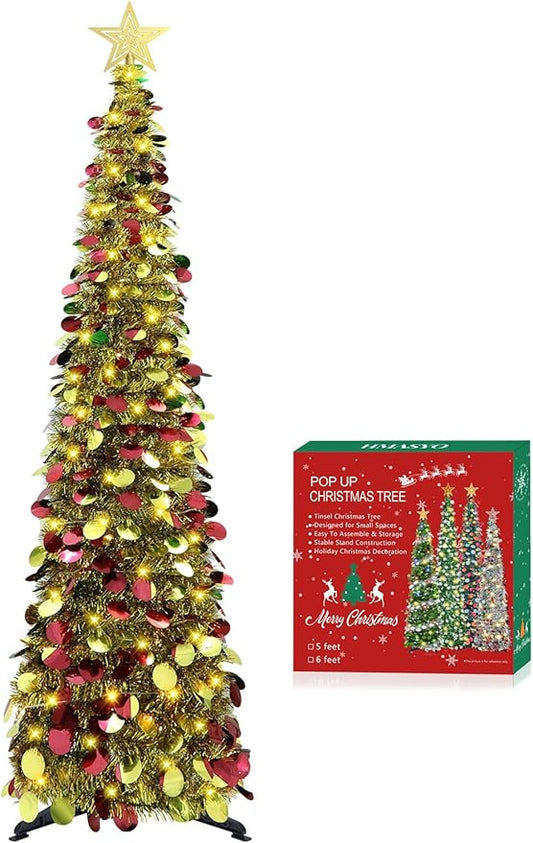 HMASYO 5 FT Pop Up Christmas Tree with Timer Lights, Gold Christmas Tinsel Tree, Collapsible Artificial Pencil Christmas Tree for Indoor Home Apartment Porch Holiday Party Decorations