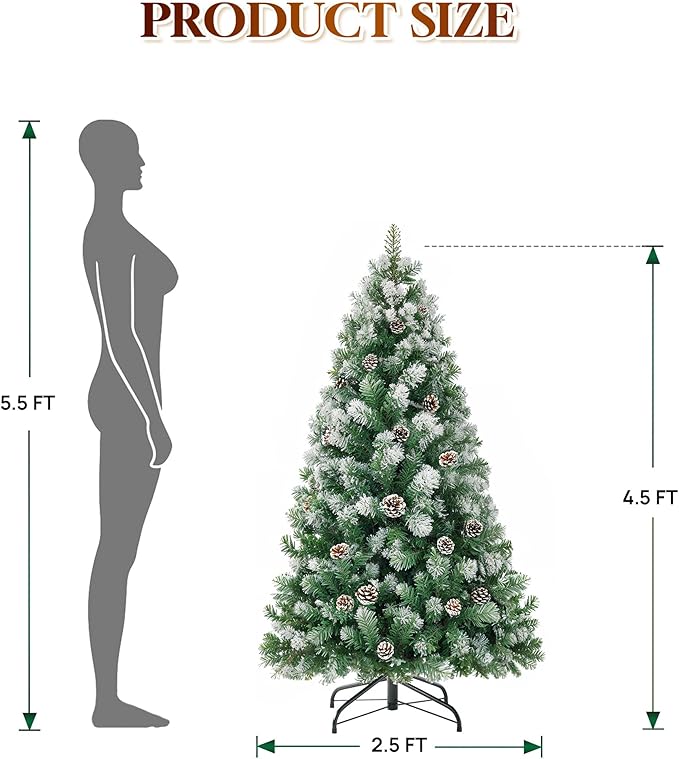 HOLLO STAR 4.5 ft Prelit Christmas Tree with 150 LED Lights, App Control, Artificial Christmas Tree, Multi-Color RGBW Lights, 330 Flocked Frosted Tips, 28 Pine Cones, Metal Base, for Home, Party