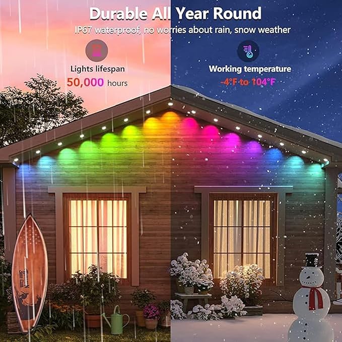 Permanent Outdoor Lights,300ft RGB + IC Smart LED Eaves Lights with App & Remote Control, IP67 Waterproof,for Christmas and All Holiday Decor,Daily and Accent Lighting,House Roof and Garden Lighting