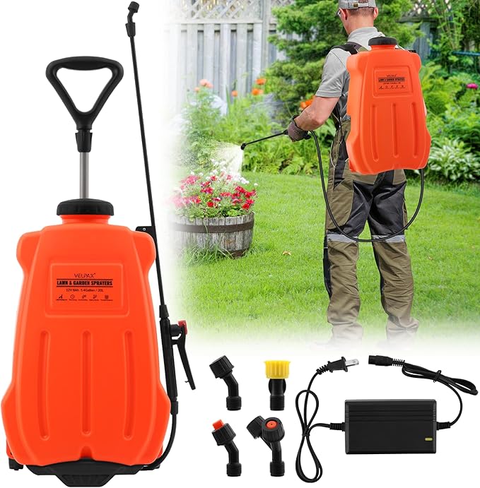 Battery Powered Backpack Sprayer 5.4 Gallon,Adjustable Wheeled Cart, 0-94 PSI,6 Hours Long Battery Life,12V 8Ah Battery,Backpack Sprayer with 4 Nozzles for Weeding, Spraying, Cleaning