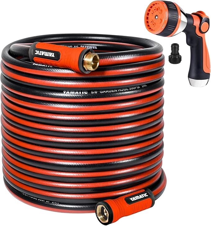 YAMATIC Garden Hose 100ft x 5/8in, Durable Water Hose with 10 Function Hose Nozzle, Swivel Handle, Kinkless, Leakproof, 3/4" Solid Brass Connections for Backyard Lawn Car Wash