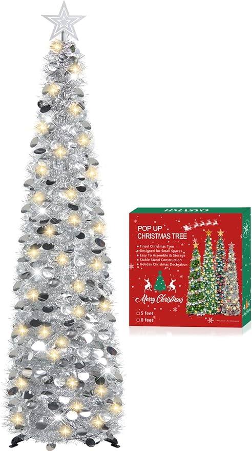 HMASYO 5 FT Pop Up Christmas Tree with Timer Lights, Silver Christmas Tinsel Tree, Collapsible Artificial Pencil Christmas Tree for Indoor Home Apartment Porch Holiday Party Decorations