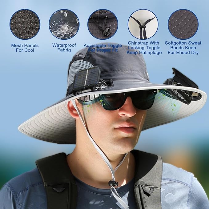 Solar Fan Hat, Wide Brim Sun Cap with 2 Solar Sun Protection Fans, USB and Solar Powered Fan Hat