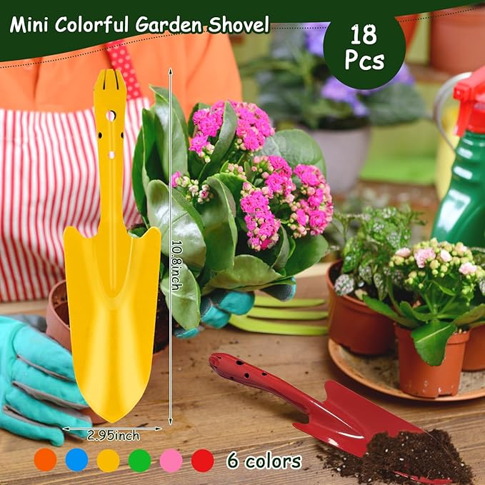 18 Pcs Colorful Garden Shovels Small Metal Hand Trowel Set for Gardening Teens Adults Mini Digging Tools for Succulent Flower Soil Planting Weeding Transplanting, 6 Colors (11 X 3 Inch)