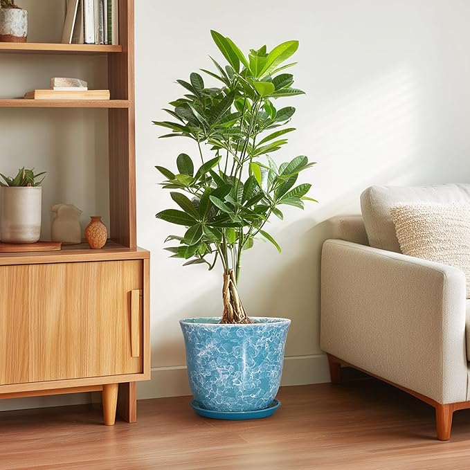 Ceramic Planter - 10 Inch Plant Pot for Indoor Outdoor, Large Round Flower Pots with Drainage Hole and Saucer, Modern Decorative Plant Pots, Garden House Decor, House Warming Gifts, Blue