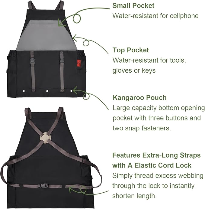 Extra Gardening Apron Waterproof Cross Back Apron, 600D Heavy Duty Apron Harvest and Large Quick Release Pockets