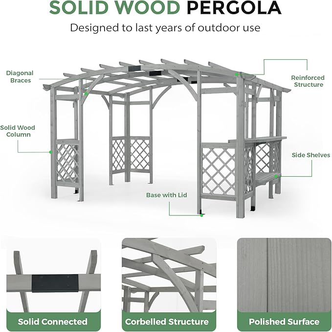 10' x 14' Wood Pergola Outdoor, Patio Pergola Solid Structure with Shelves, Painted Wood Frame with Arched Top for Garden Porch Deck,Grey