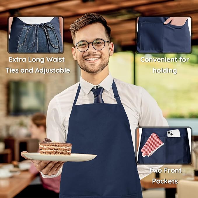 4 Pack Chef Apron, Waterproof Apron, Adjustable Apron with 2 Pockets for Men Women, Apron for Cooking Baking Restaurant (Polyester Blend, Navy Blue)