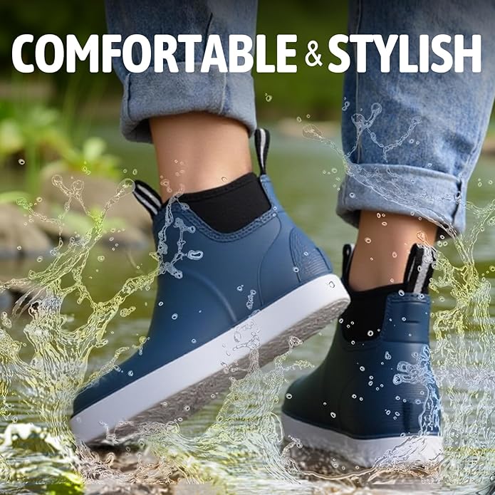 Women's Ankle Rain Boots - Slip On Waterproof Festival & Garden Shoes for Men - Comfortable Lightweight Rubber Wellies with Decorative Buckle