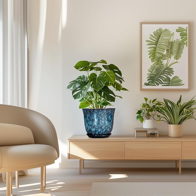 8 Inch Plant Pot - Ceramic Planter for Indoor Outdoor, Round Planter with Drainage Hole and Saucer, Modern Planters, Flower Pots, Apartment Porch Room Home Decor, Gardening Gifts, Blue