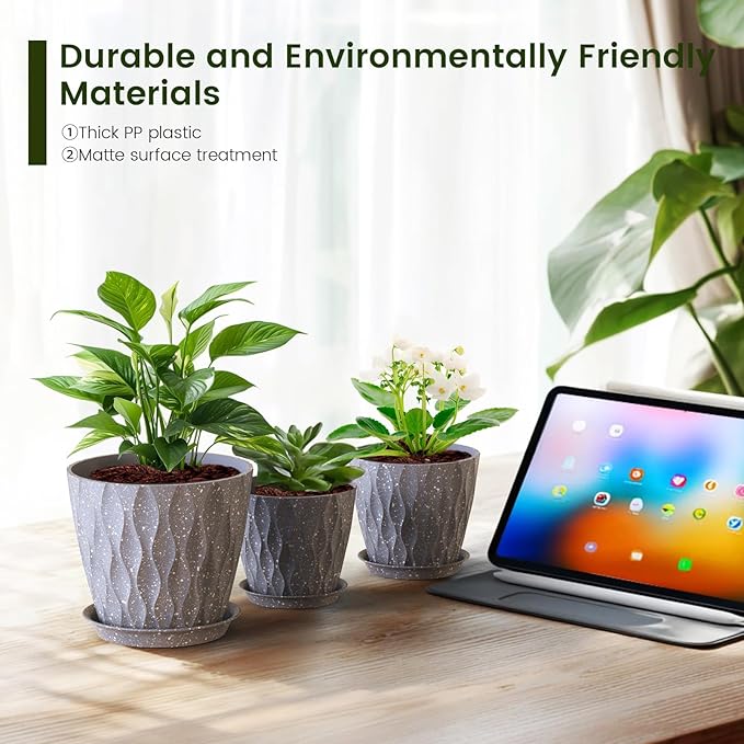 7/6.5/6/5.5/5/4.5/4 inch Plant Pots for Indoor Outdoor Plants, 7 Pack Thick Flower Pots with Drainage Holes and Saucers, Modern Wave Texture Plastic Planters Nursery Pots, Speckled Grey