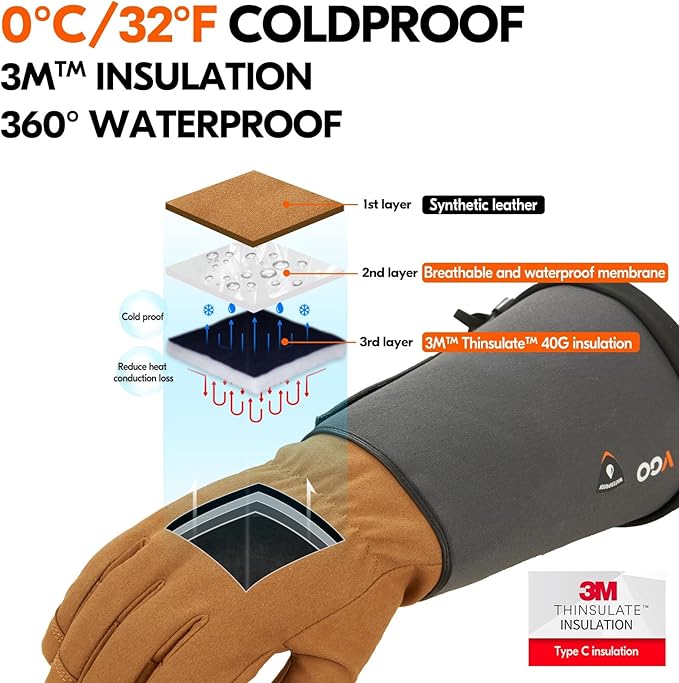 Vgo... Winter Warm Safety Work Gloves Men, Extended Pig Split Leather Cuff,Synthetic Leather, Rose Pruning Thorn Proof,Gardening(Size XL,Brown,SL6592FLWP)