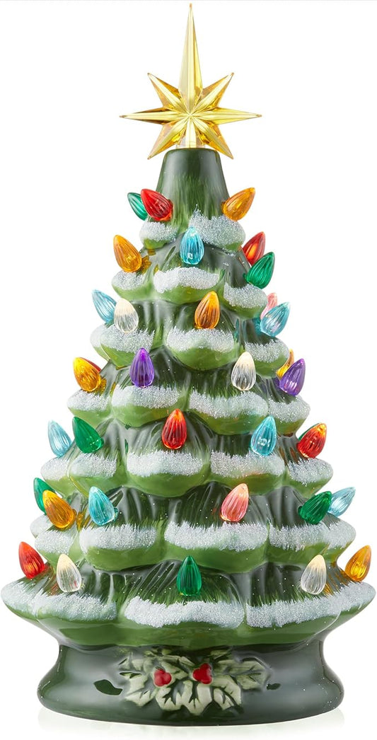 Casafield Hand Painted Ceramic Christmas Tree, Green Snow Flocked 12-Inch Pre-Lit Tree with 100 Multi Color Lights and 2 Star Toppers