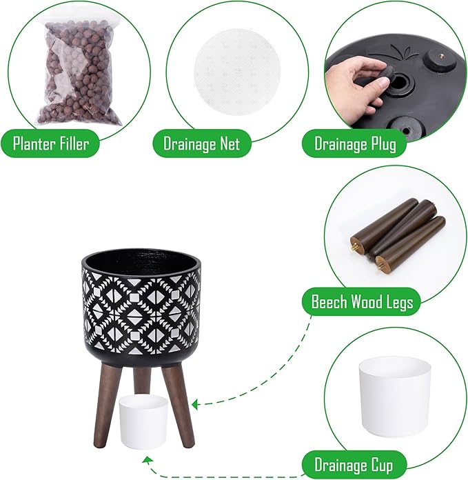 D'vine Dev 8 Inch Planter Pot with Stand, Mid-Century Tall Plant Pot with Legs for Indoor Plants, Small, White/Black, 88-G-A-4