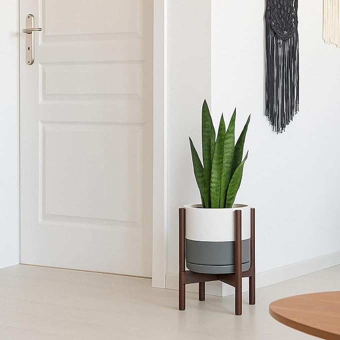 D'vine Dev Ceramic Planter with Walnut Color Stand - 8 Inch Modern Round Flower Pot with Wood Planter Holder, White/Grey, 55-B-Y-6