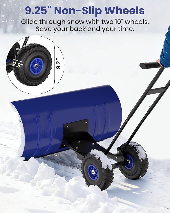 36" Snow Pusher Shovel with Wheels, Adjustable Ergonomic T-Handle Snow Plow for Driveway, Heavy Duty Wheeled Rolling Shovels for Driveway and Sidewalks with Angeled Blade