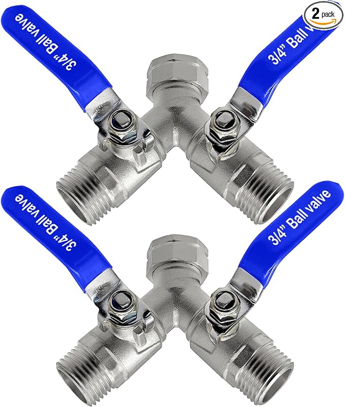Beduan 304 Stainless Steel Hose Splitter 2 Way Y Garden Hose Bib Splitter with Long Handle Water Hose Ball Shut Off Valve 3/4 GHT Threaded(Pack of 2)