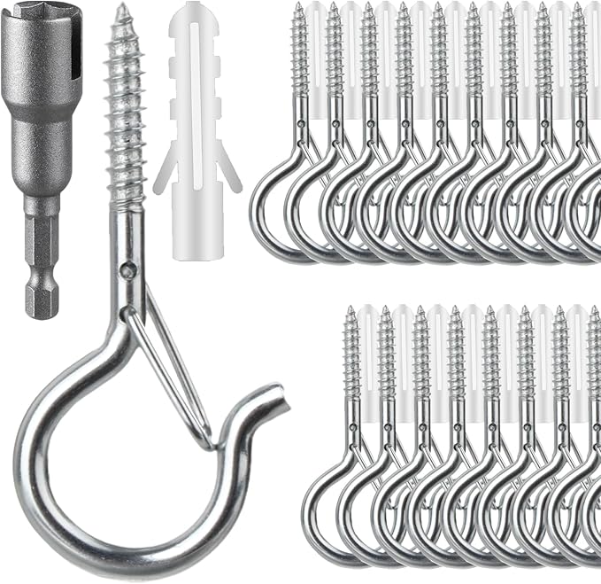 36 PCS Q-Hanger Hooks, Screw Hooks for Outdoor String Lights, Safety Buckle Design Cup Eye Hook for Hanging Christmas Lights, Plants, Mounted on Wall Ceiling, Include 1 Wing Nut Driver, Silver