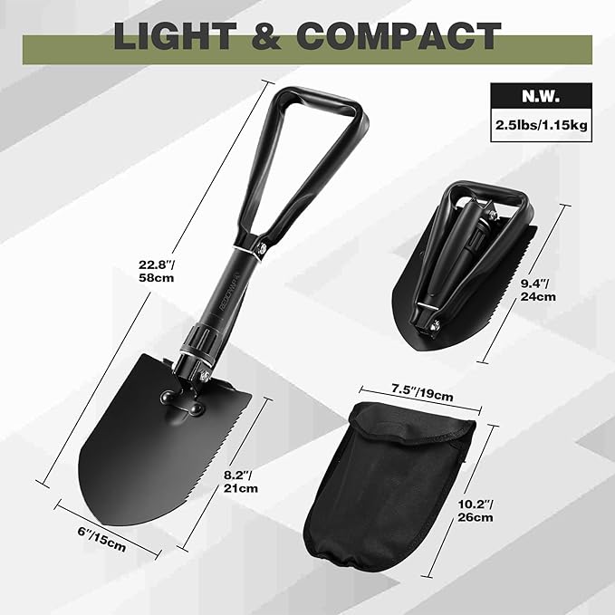 REDCAMP 23" Survival Folding Camping Shovel w/Cover,Portable Shovel with High Manganese Steel, Tactical Entrenching Tool Tri-fold Handle Shovel for Camping Hiking Sand Mud Snow Beach, Black 2.5Lbs