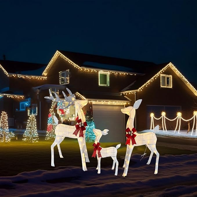 4ft Outdoor Lighted 3D Reindeer Christmas Decorations, 3-Piece Reindeer Family Set with 240 LEDs, Bells, Red Bows, Durable All-Weather Metal Frame for Yard, Garden, Indoor Holiday Decor