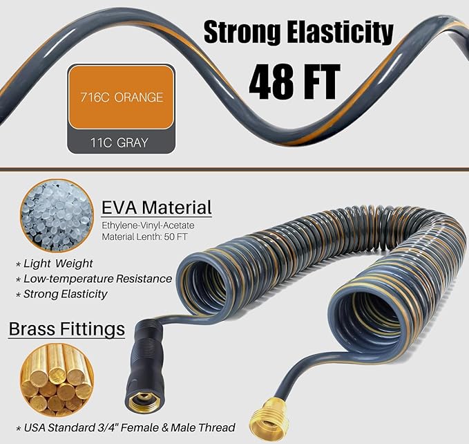 Coil Garden Hose 50 ft,3/8’’ Retractable EVA Coil Hose,Lightweight Recoil Garden Hose with Spray Nozzle, Spiral Water Hose for Boats, RV, House Cleaning, Yard, Gray Orange