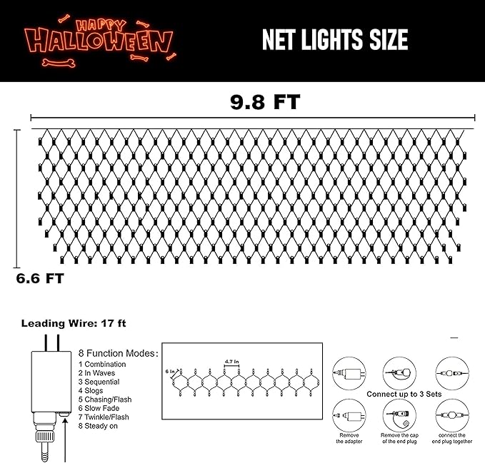 Dazzle Bright Halloween 200 LED Net Lights, 9.8 FT x 6.6 FT Connectable Mesh Lights Clear Wire with 8 Lighting Modes, Halloween Decorations for Indoor Outdoor Bush Yard Garden Decor (Purple & Orange)