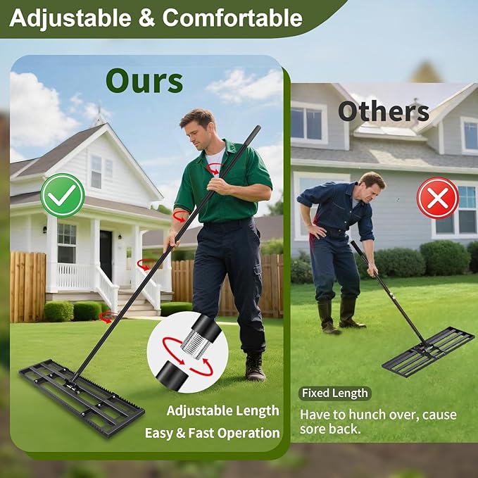 Lawn Leveling Rake-32"x10" Heavy Duty Leveler Reinforced Landscape Tool, Steel Lawn Rake with Serrated Edge & Smooth Plate for Level Soil Compost Sand Grass Dirt Yard Garden 6.5FT Adjustable Handle