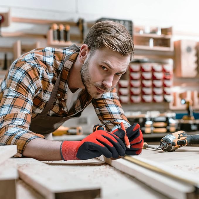 COOLJOB Gardening Gloves for Men, 6 Pairs Breathable Rubber Coated for Garden Weeding Landscaping, Outside Work for Lawn Yard, Men's Xlarge Size, Black & Red